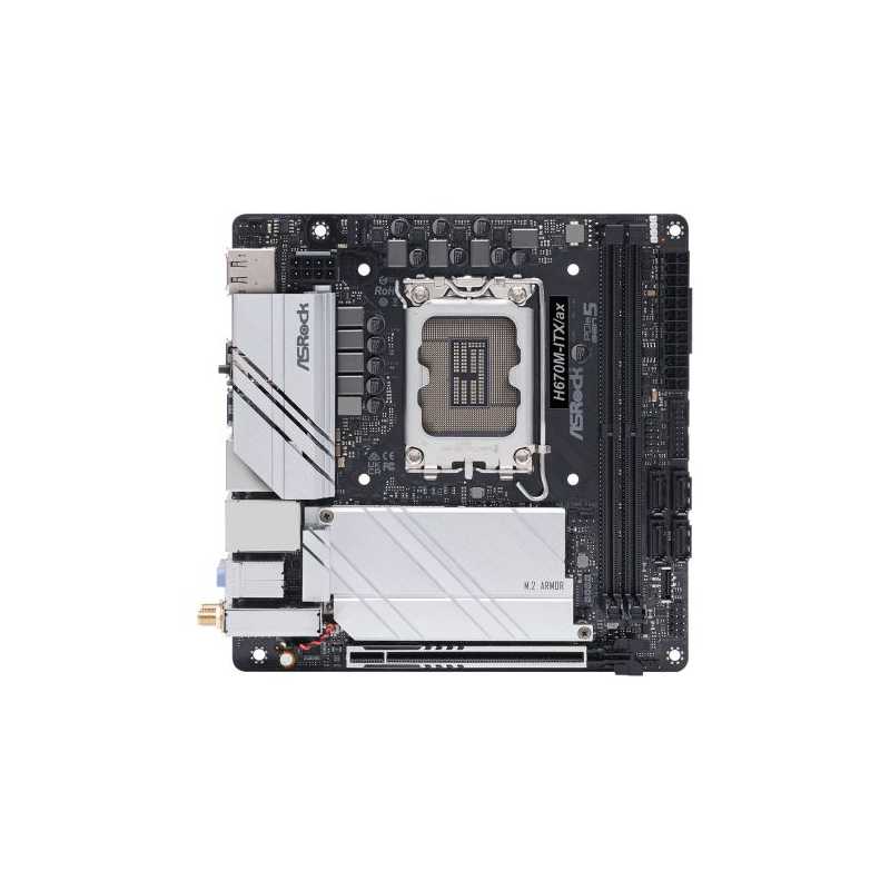 Asrock H670M-ITX/AX, Intel H670, 1700, Mini ITX, 2 DDR4, HDMI, DP, Wi-Fi, 2.5GB LAN, PCIe5, 2x M.2