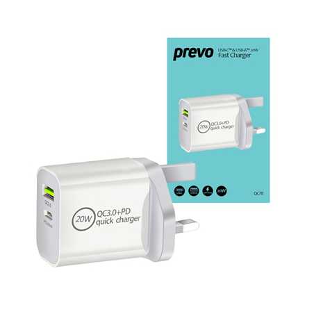 Prevo QC70 20W USB Type-C & USB Type-A Fast Charge Mains Charger with QC 3.0 and 2m USB-C Cable for Laptops, Ultrabooks, Chromeb