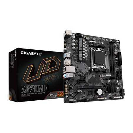 Gigabyte A620M H Ultra Durable AMD AM5 Socket Motherboard, Micro-ATX, 2x DDR5 Slots, 1x M.2 Socket, GbE LAN, 1x DisplayPort / 1x