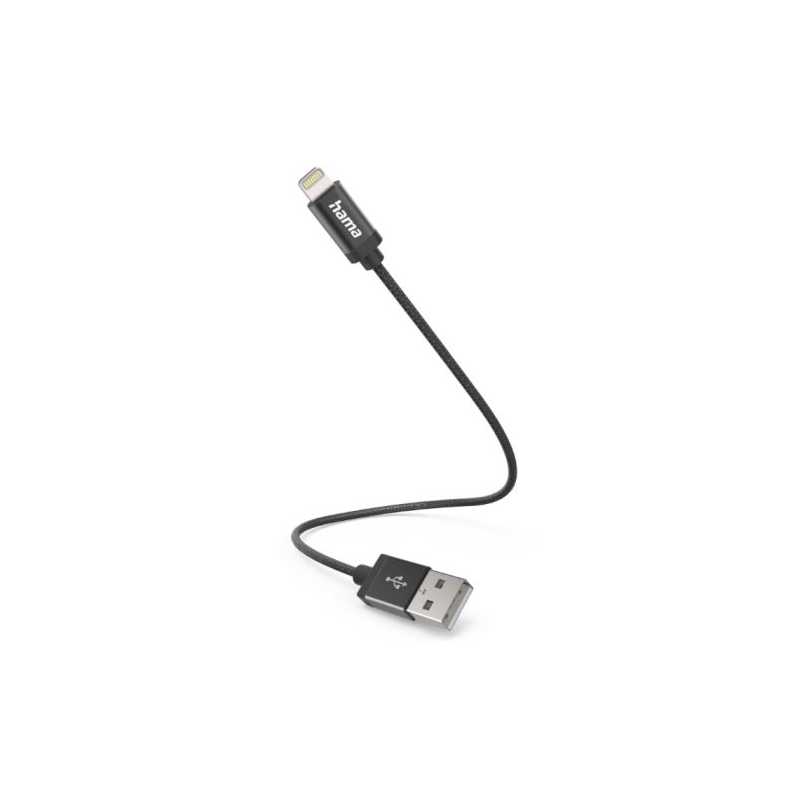 Hama Charging/Data USB-A to Lightning Cable, 480Mbps, Nylon, 0.2 Metre, Black