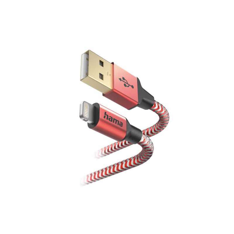 Hama Reflective Charging USB-A to Lightning Cable, 480Mbps, Nylon, 1.5 Metre, Red