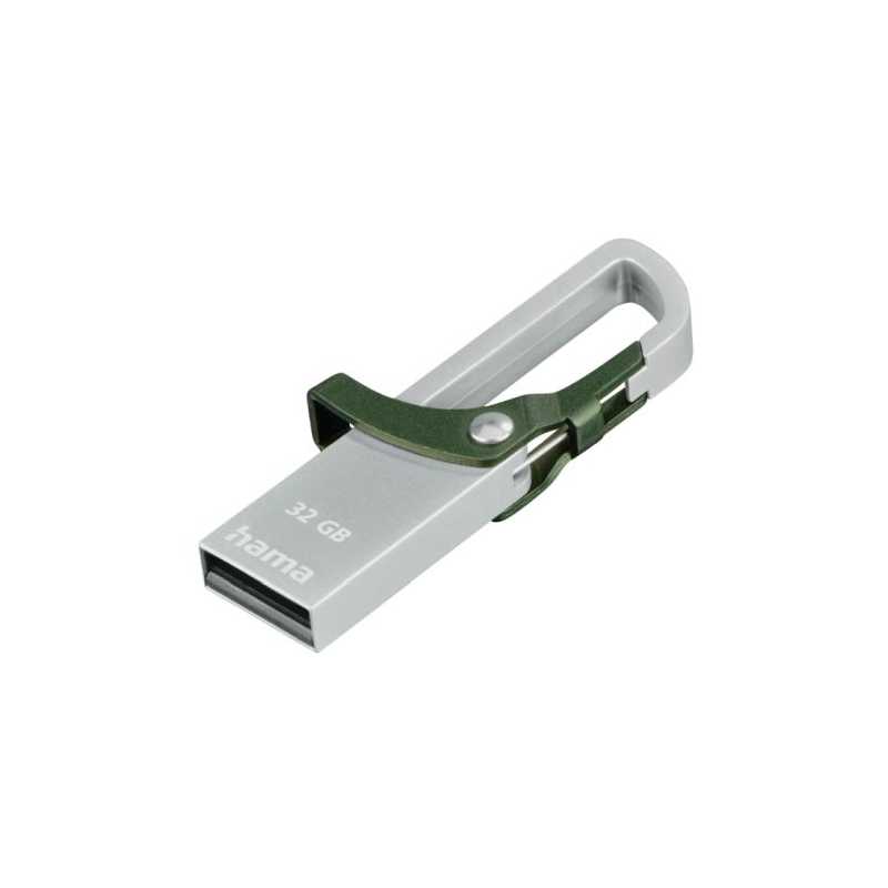 Hama Hook-Style 32GB USB 2.0 Memory Pen, Metal Housing, Snap Hook, Metal/Green