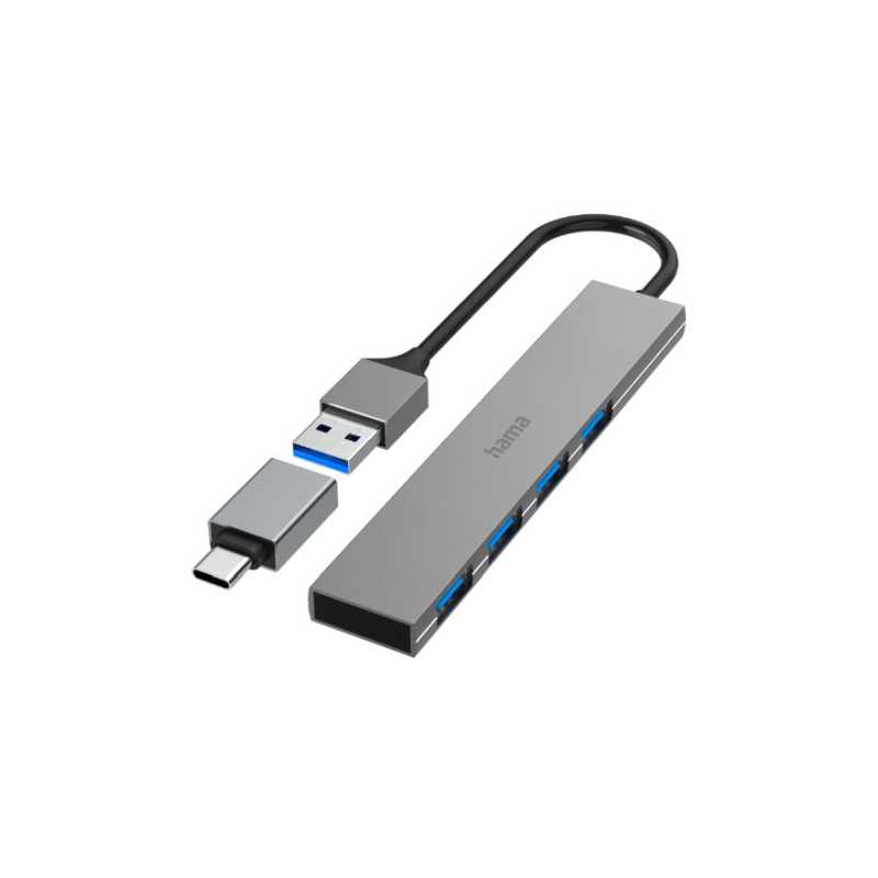 Hama Ultra-Slim External 4 Port 3.2 Gen1 Hub, 4x USB-A, USB Powered, USB-C Adapter