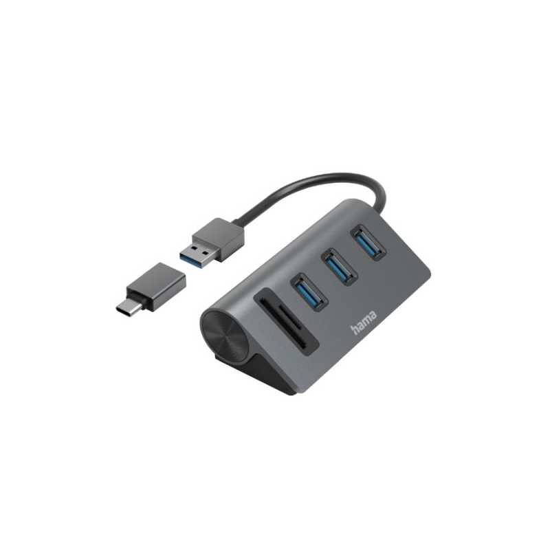 Hama External USB 3.2 Gen1 Hub/Card Reader, 3x USB-A, SD, microSD, USB Powered, USB-C Adapter