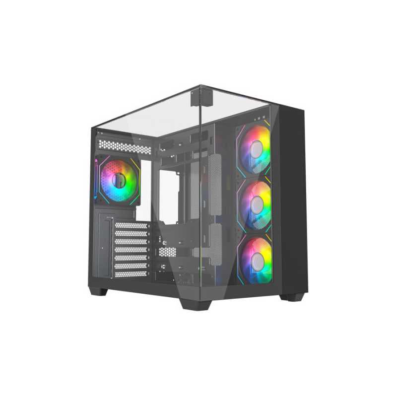 Vida Visio Black ARGB Gaming Cube Case w/ Glass Side, Front & Top, ATX, 4x ARGB Fans, 6-Port Fan Hub & Remote Control, USB-C, As