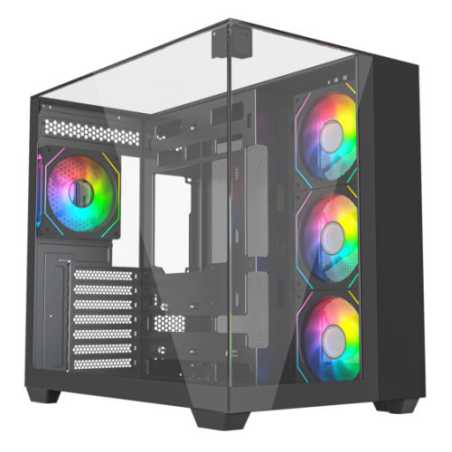 Vida Visio Black ARGB Gaming Cube Case w/ Glass Side, Front & Top, ATX, 4x ARGB Fans, 6-Port Fan Hub & Remote Control, USB-C, As