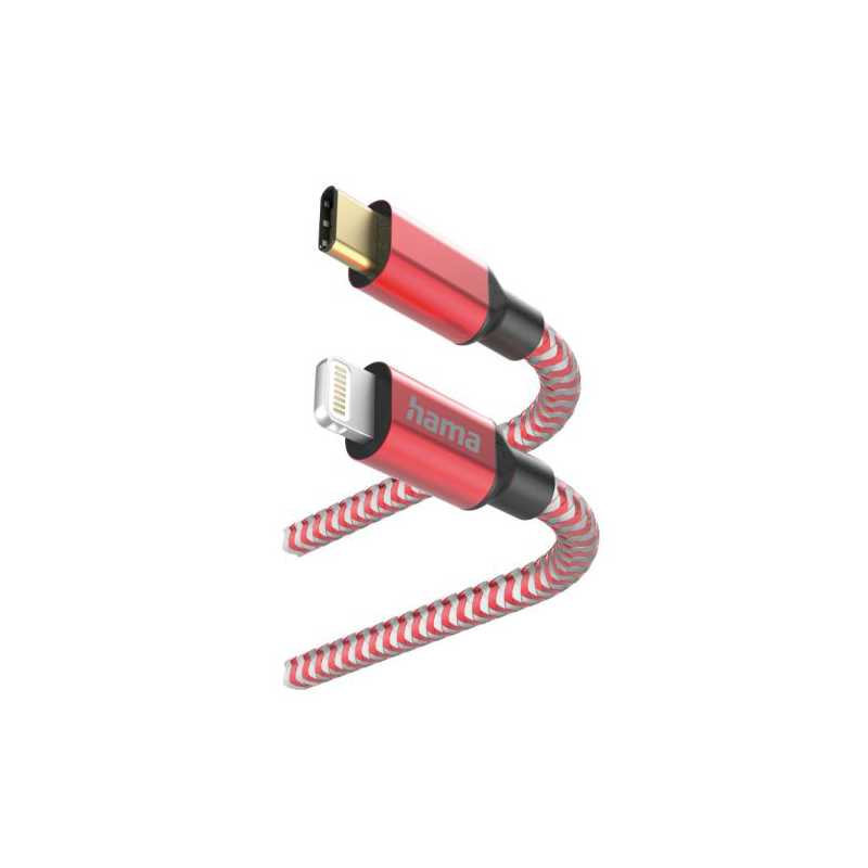 Hama Reflective Charging USB-C to Lightning Cable, 480Mbps, Nylon Sheath, Gold-Plated, 1.5 Metre, Red