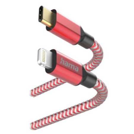 Hama Reflective Charging USB-C to Lightning Cable, 480Mbps, Nylon Sheath, Gold-Plated, 1.5 Metre, Red