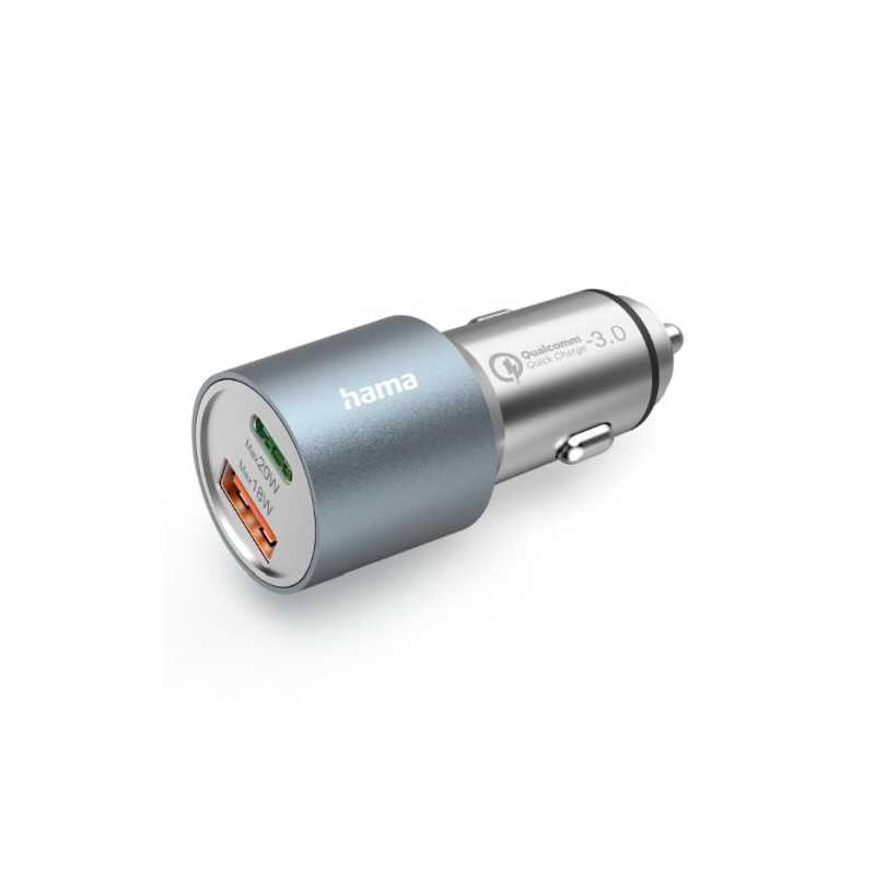 Hama USB Fast Charge Car Adapter, USB-C & USB-A, Power Delivery, Qualcomm 3.0, 38W, Metal