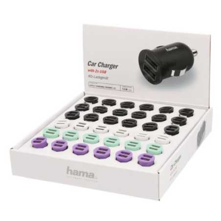 Hama Dual USB-A Car Chargers x36 Multipack, 12W, Various Colours, Display Case