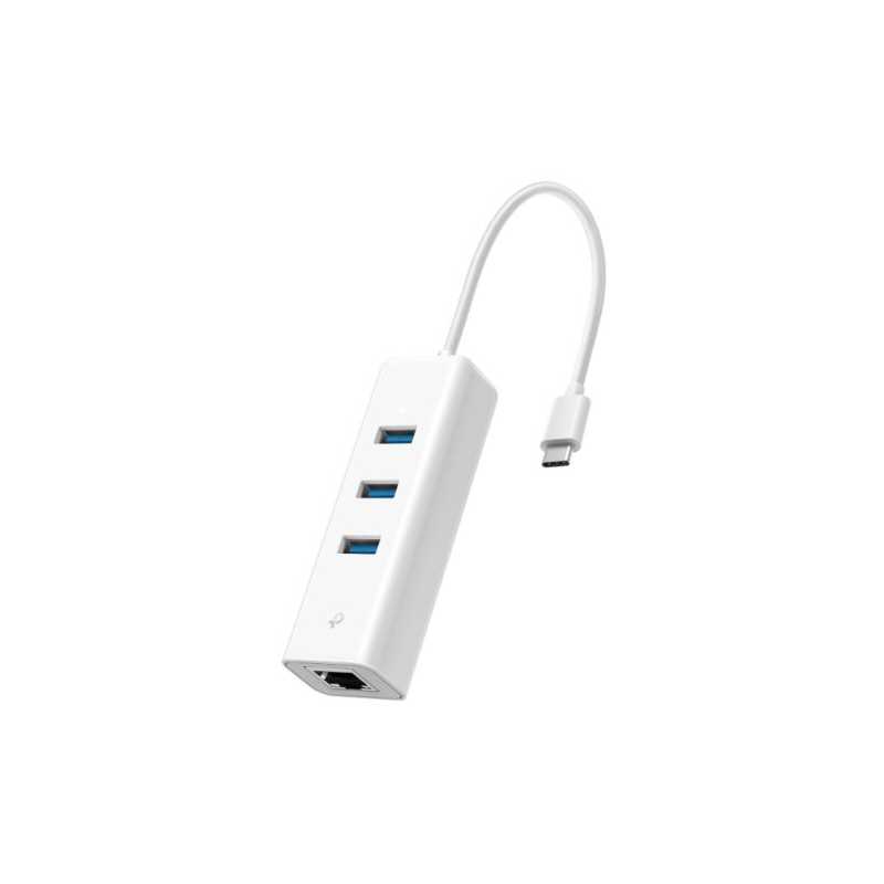 TP-LINK (UE330C) 3-Port USB-C Hub & Gigabit Ethernet Adapter, 3x USB-A 3.0, 1x GB LAN, White 