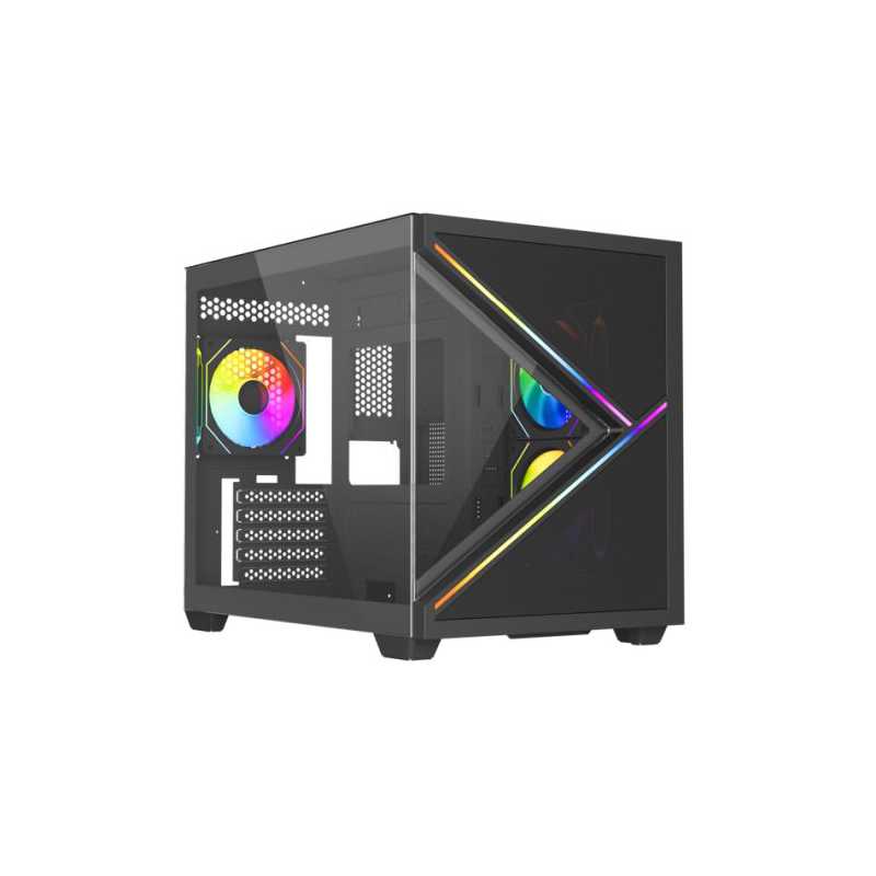 Vida Arcade Black ARGB Gaming Case w/ Glass Side & Glass/Mesh Front, Micro ATX, ARGB Strips, 3x ARGB Fans, 6-Port PWM ARGB Fan H