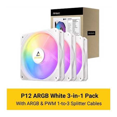 Antec P12R ARGB PWM 120mm Fan 3 Pack - 4-Pin, White, High-Airflow Cooling, 9-Blade Design with Anti-Vibration Pads