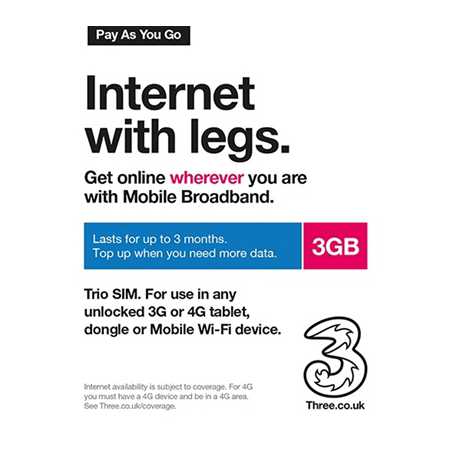 Three 3G 4G & 5G-Ready 3GB Prepaid Mobile Broadband Trio SIM Card