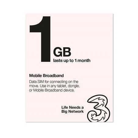 Three 3G 4G & 5G-Ready 1GB Prepaid Mobile Broadband Trio SIM Card