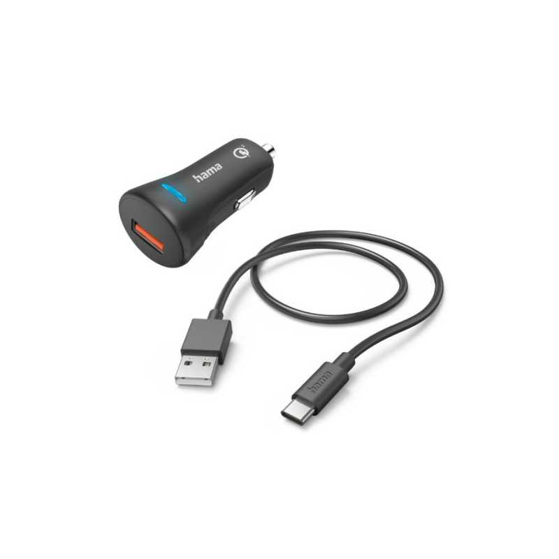 Hama USB-A Fast Charge Car Adapter with USB-C Charging Cable, Qualcomm 3.0, 19.5W, Black