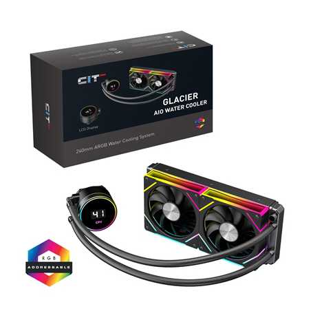 CiT Pro Glacier AIO 240mm Liquid CPU Cooler with ARGB LED Lighting, Dual PWM Fans, and Real-Time Temperature Display - Black