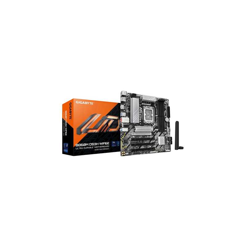 Gigabyte B860M DS3H WIFI6E Intel 1851 Socket Motherboard, Micro-ATX, 4x DDR5 Slots, 2x M.2 Sockets, 1x USB-C Port, 2.5GbE LAN, W