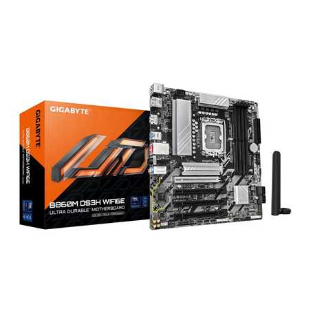 Gigabyte B860M DS3H WIFI6E Intel 1851 Socket Motherboard, Micro-ATX, 4x DDR5 Slots, 2x M.2 Sockets, 1x USB-C Port, 2.5GbE LAN, W