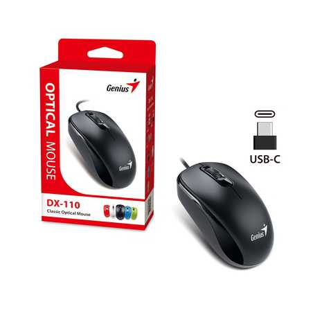 Genius DX-110 Wired USB-Type C Plug and Play Mouse, 1000 DPI Optical Tracking, 3 Button with Scroll Wheel, Ambidextrous Design w