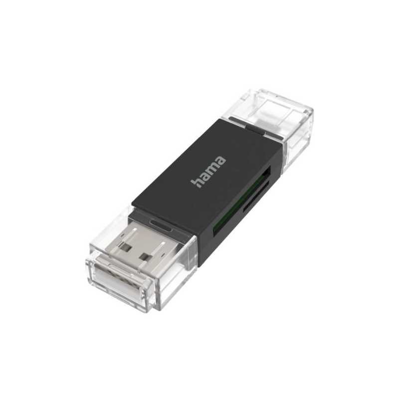 Hama External USB 2.0 OTG Card Reader, USB-A + Micro USB, SD/microSD, Black, USB Powered