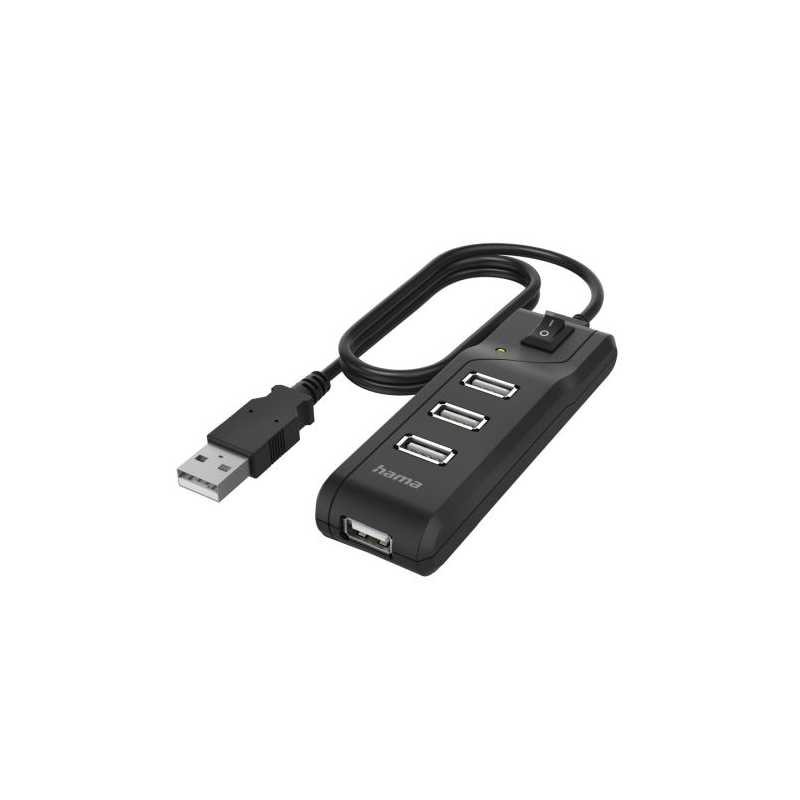 Hama External 4-Port USB 2.0 Hub, USB Powered, On/Off Switch, Black